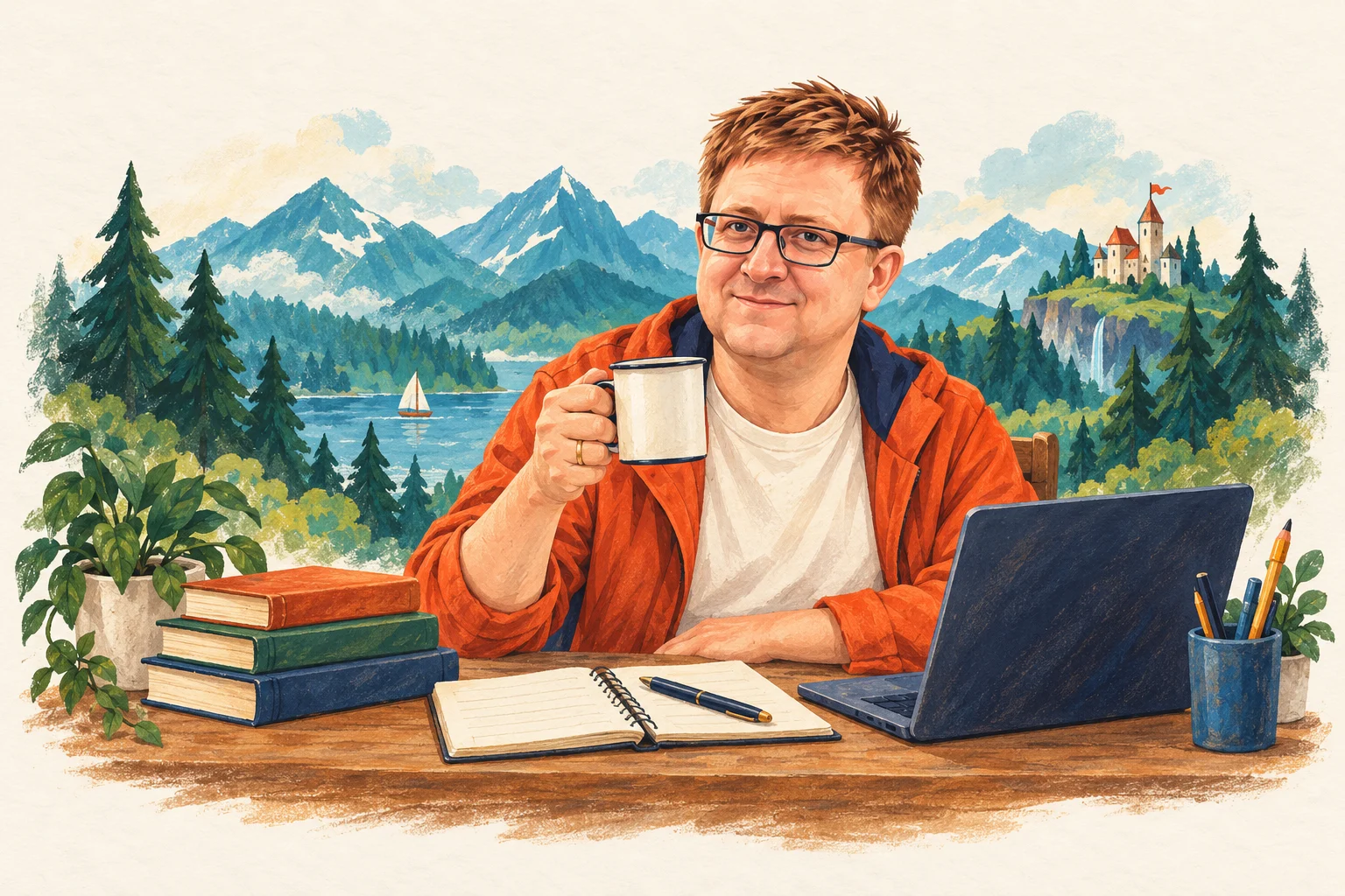 Рисованный портрет Валерия за столом с книгами, на фоне леса и гор